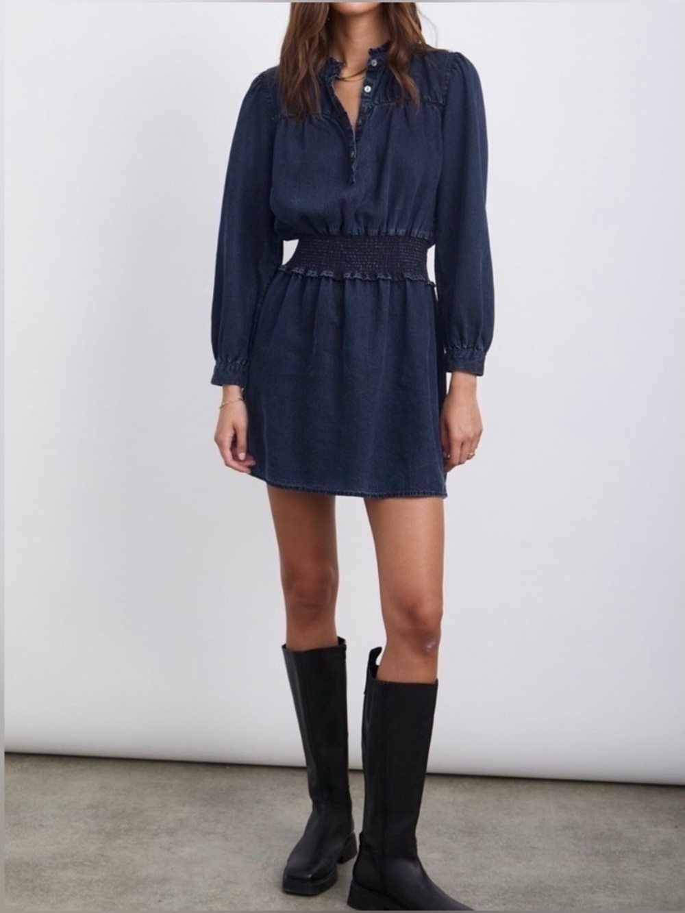 Rails Shawna Smocked Chambray Mini Dress Dark Vintage Size Small